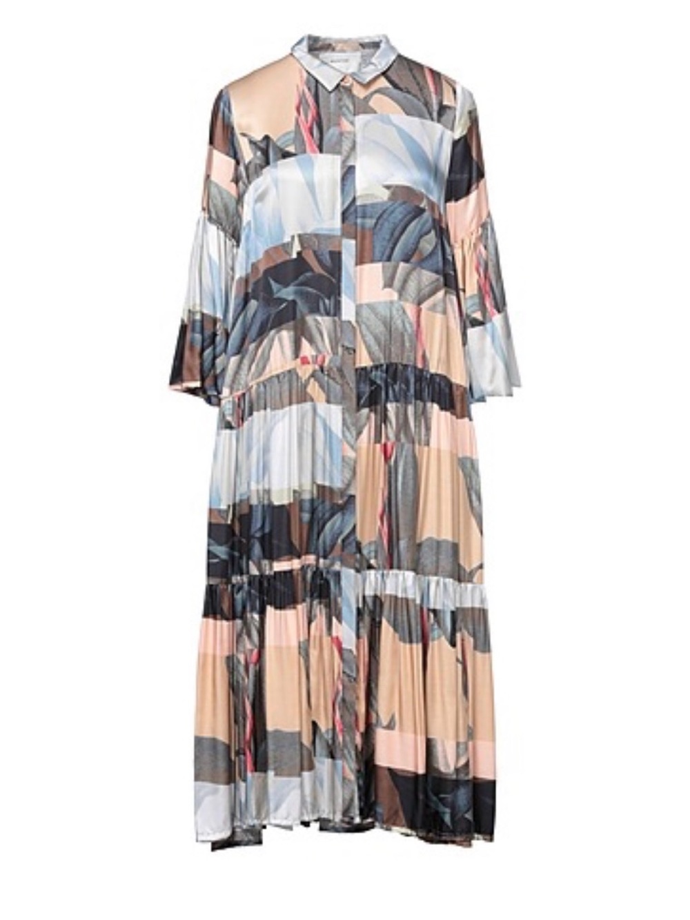 Abstract Print Midi Shirt Dress in Blush, Blue and Gray